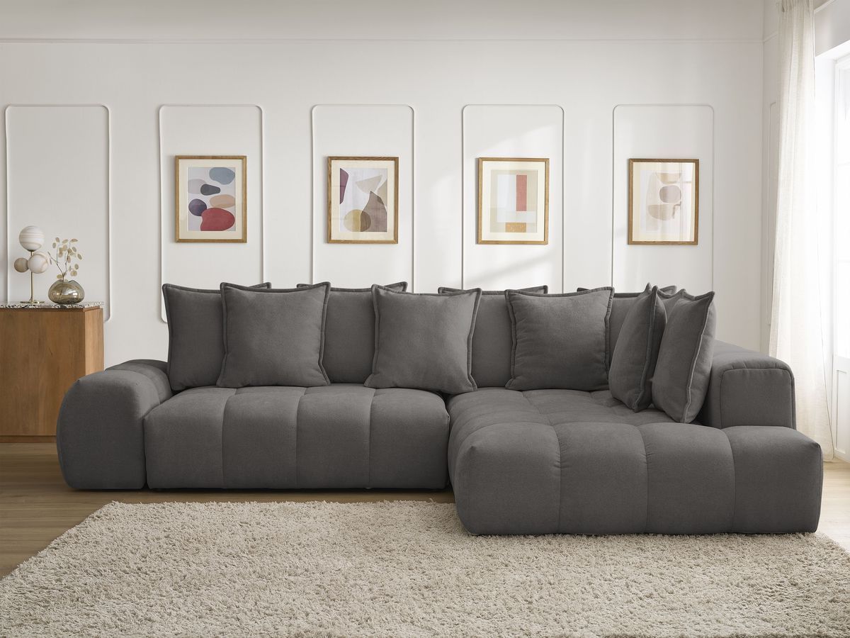 Bobochic Everest Ecksofa mit Schlaffunktion und Bettkasten 320 × 212 cm, 10 Kissen Strukturstoff Dunkelgrau Ecke rechts