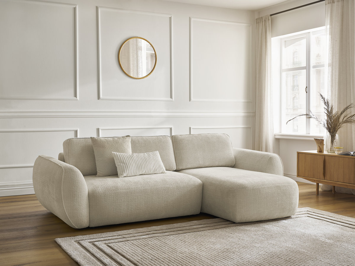 Bobochic Denise Ecksofa mit Schlaffunktion und Bettkasten 258 × 160 cm Strukturstoff Beige Ecke rechts