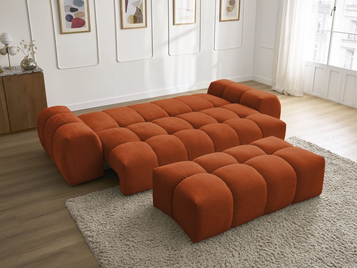 Bobochic Everest Schlafsofa 3-Sitzer mit Bettkasten und Pouf, 2 Kissen Strukturstoff Orange