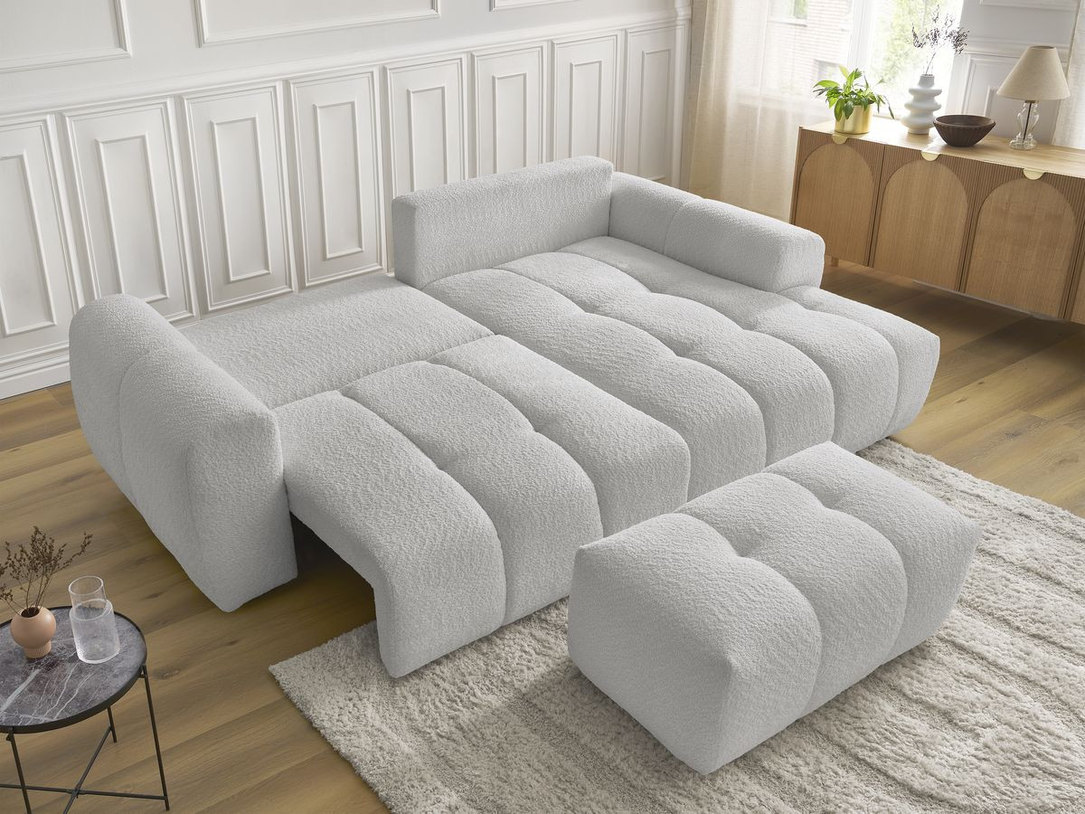 Bobochic Roxelane Ecksofa mit Schlaffunktion und Bettkasten und Pouf 258 × 150 cm Bouclé-Stoff Hellgrau Ecke rechts