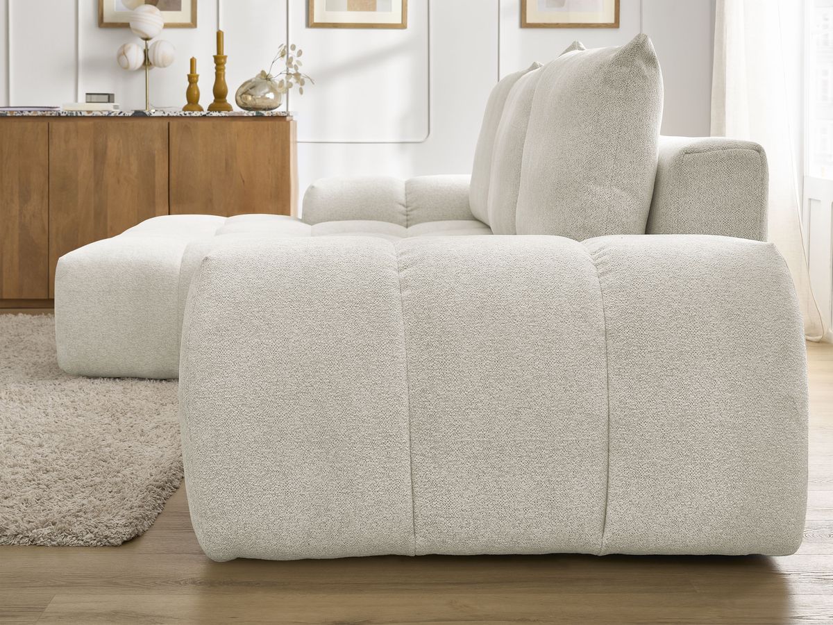 Bobochic Everest Ecksofa mit Schlaffunktion und Bettkasten 318 × 180 cm, 3 Kissen Melange-Stoff Weiß Ecke links
