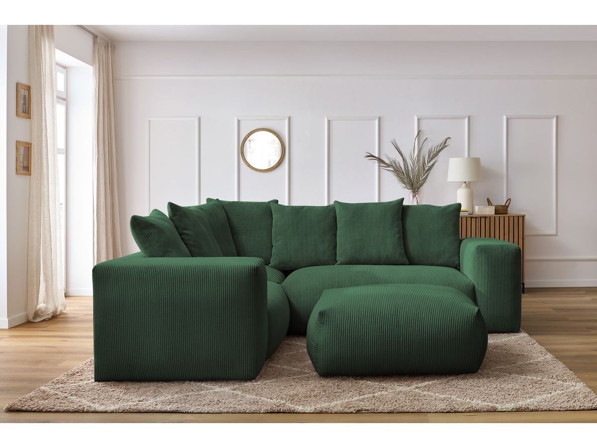 Bobochic Voltaire Ecksofa mit Pouf 268 × 214 cm Cordsamt Grün Ecke links