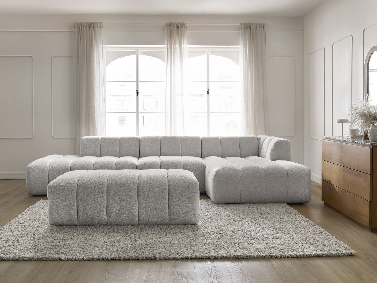 Bobochic Annecy Ecksofa mit Sofamodul und Pouf Bouclé-Stoff Hellgrau Ecke rechts