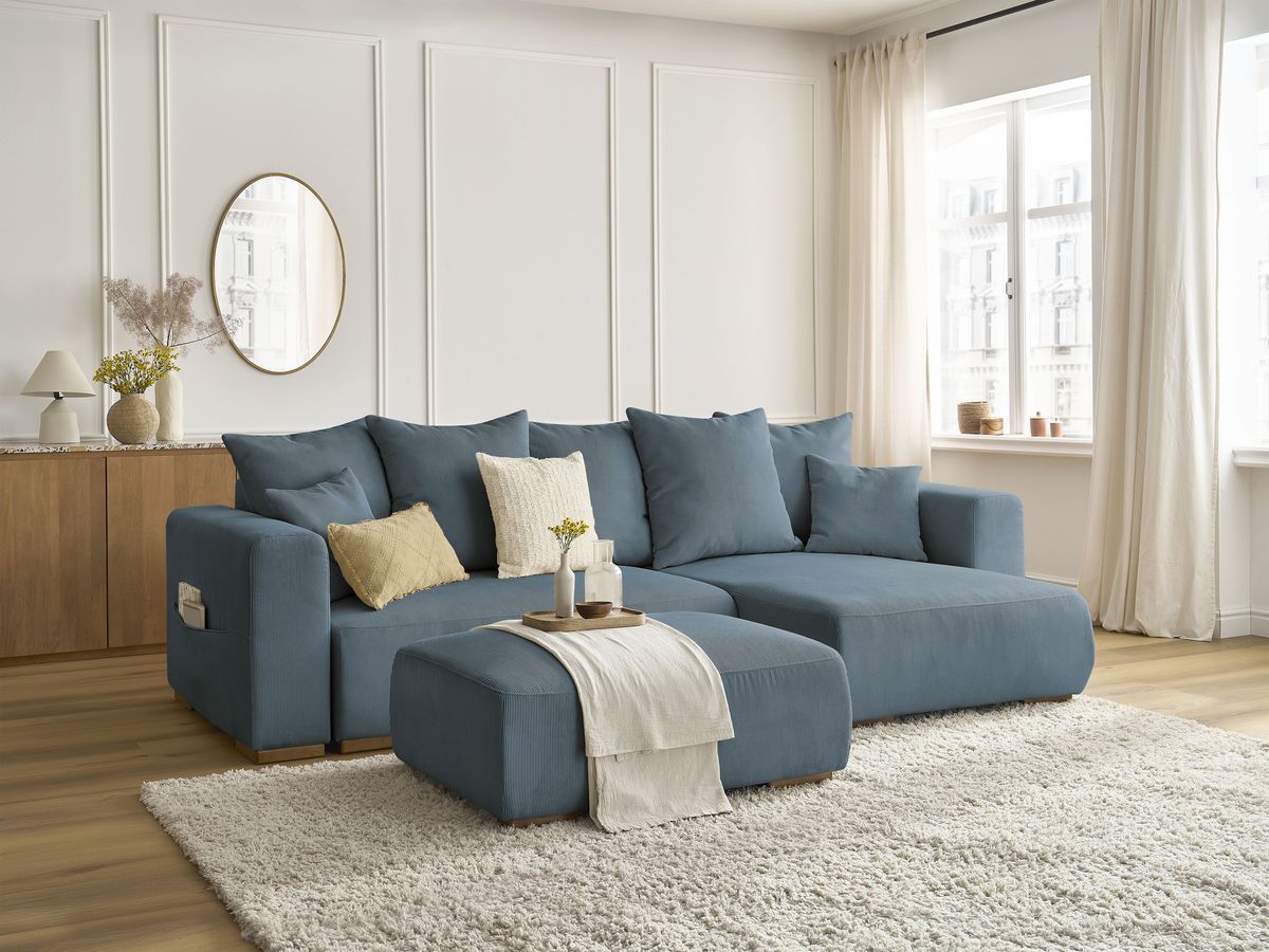Bobochic Sidonie Ecksofa mit Schlaffunktion und Bettkasten und Pouf Cordsamt Dunkelblau