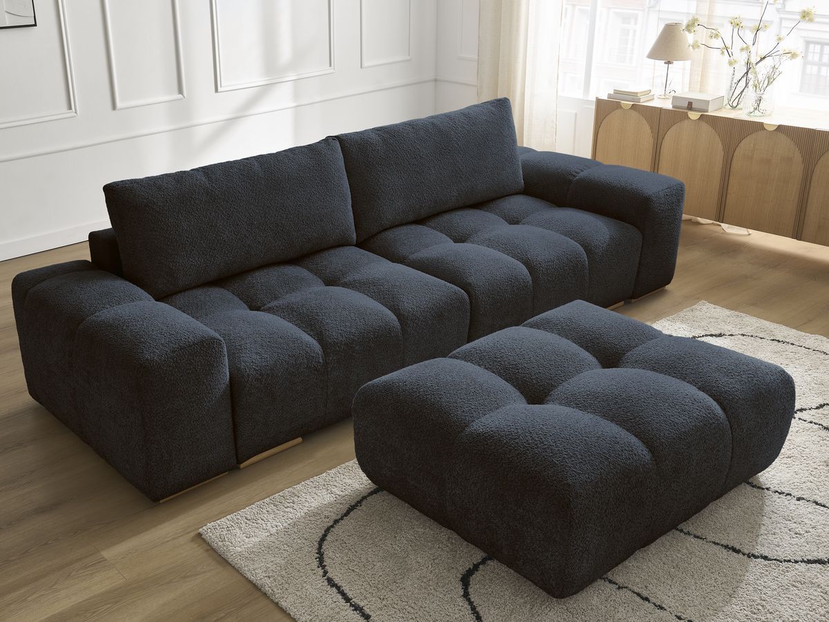 Bobochic Anakin Sofa 3-Sitzer mit Pouf, 2 Kissen Bouclé-Stoff Dunkelblau