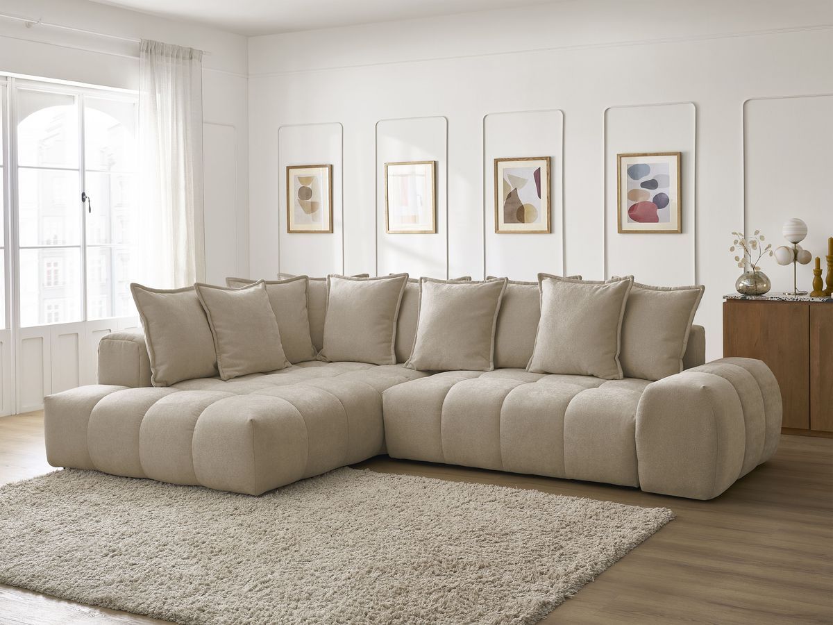 Bobochic Everest Ecksofa mit Schlaffunktion und Bettkasten 320 × 212 cm, 10 Kissen Strukturstoff Taupe Ecke links