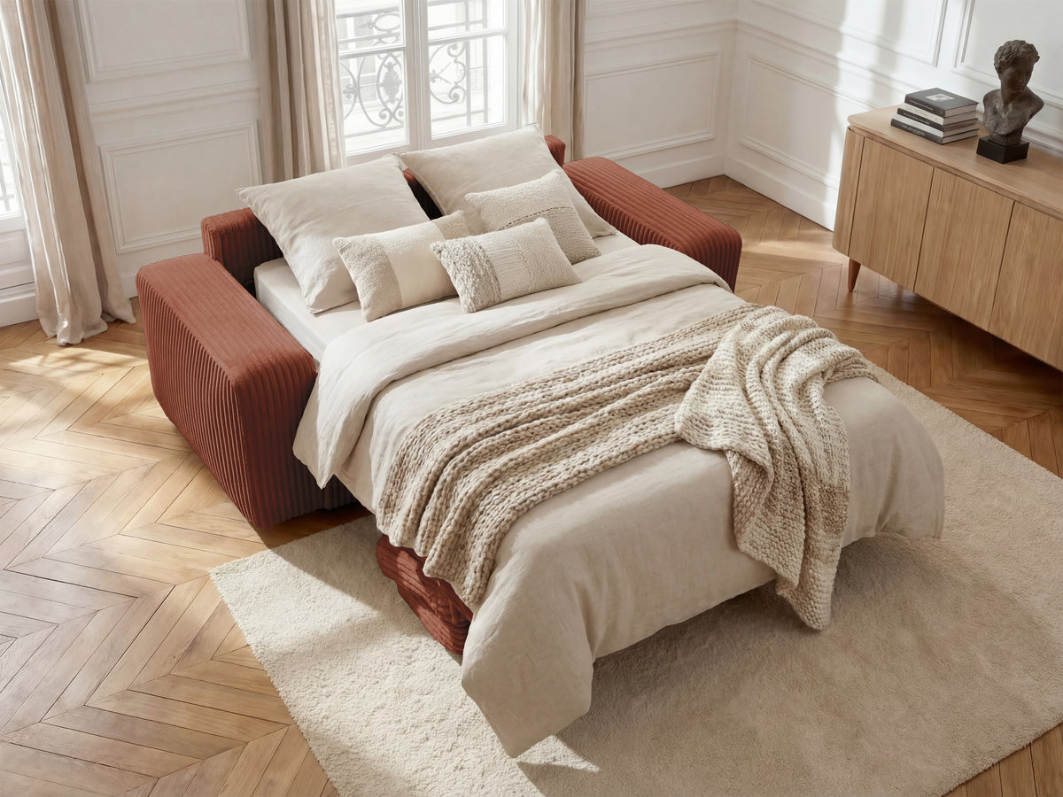 Bobochic Ibiza Schlafsofa 3-Sitzer Cordsamt Orange, Liegefläche 140 × 196 cm