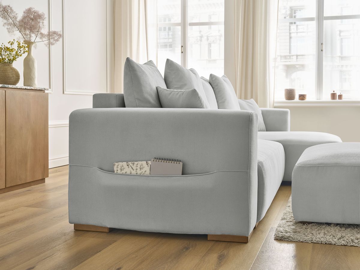 Bobochic Sidonie Ecksofa mit Schlaffunktion und Bettkasten und Pouf Cordsamt Hellgrau