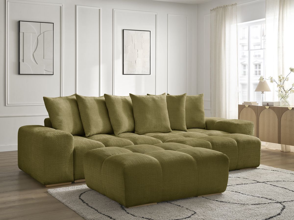 Bobochic Anakin Ecksofa mit Schlaffunktion und Bettkasten und Pouf, 6 Kissen Strukturstoff Grün