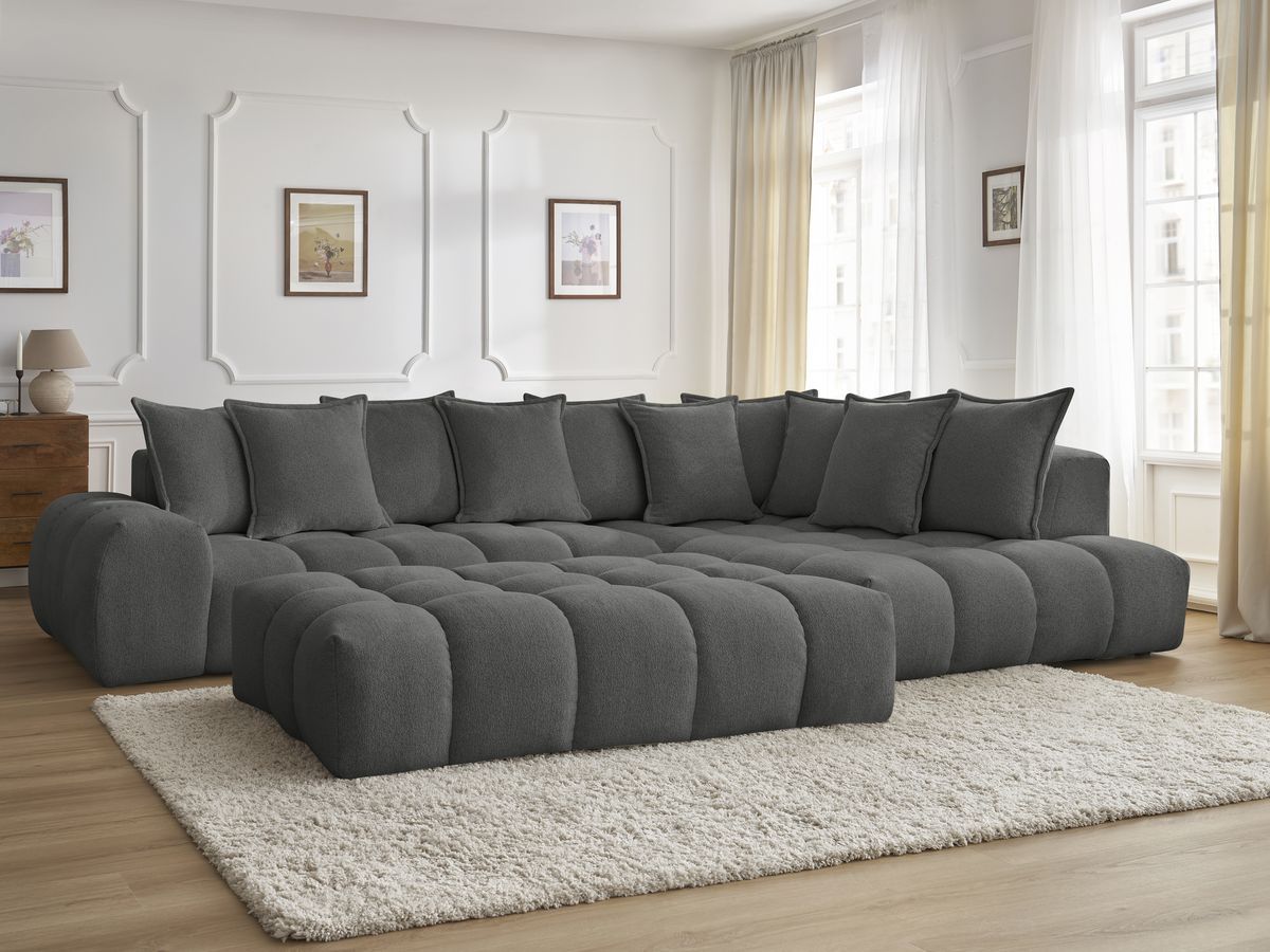 Bobochic Everest Ecksofa mit Schlaffunktion und Pouf, 10 Kissen Melange-Stoff Dunkelgrau Ecke rechts