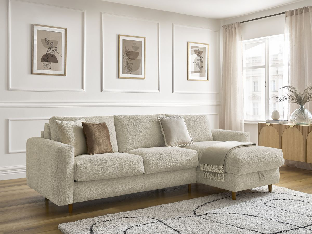 Bobochic Cocoone Ecksofa mit Schlaffunktion und Bettkasten Bouclé-Stoff Beige, Liegefläche 140 × 200 cm