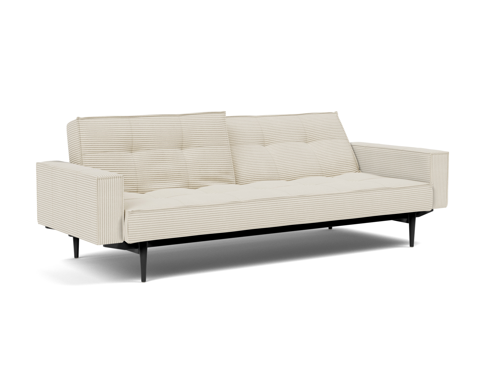Schlafsofa Splitback mit Armlehnen Kord Corduroy 594-Ivory Beine Styletto Eiche schwarz