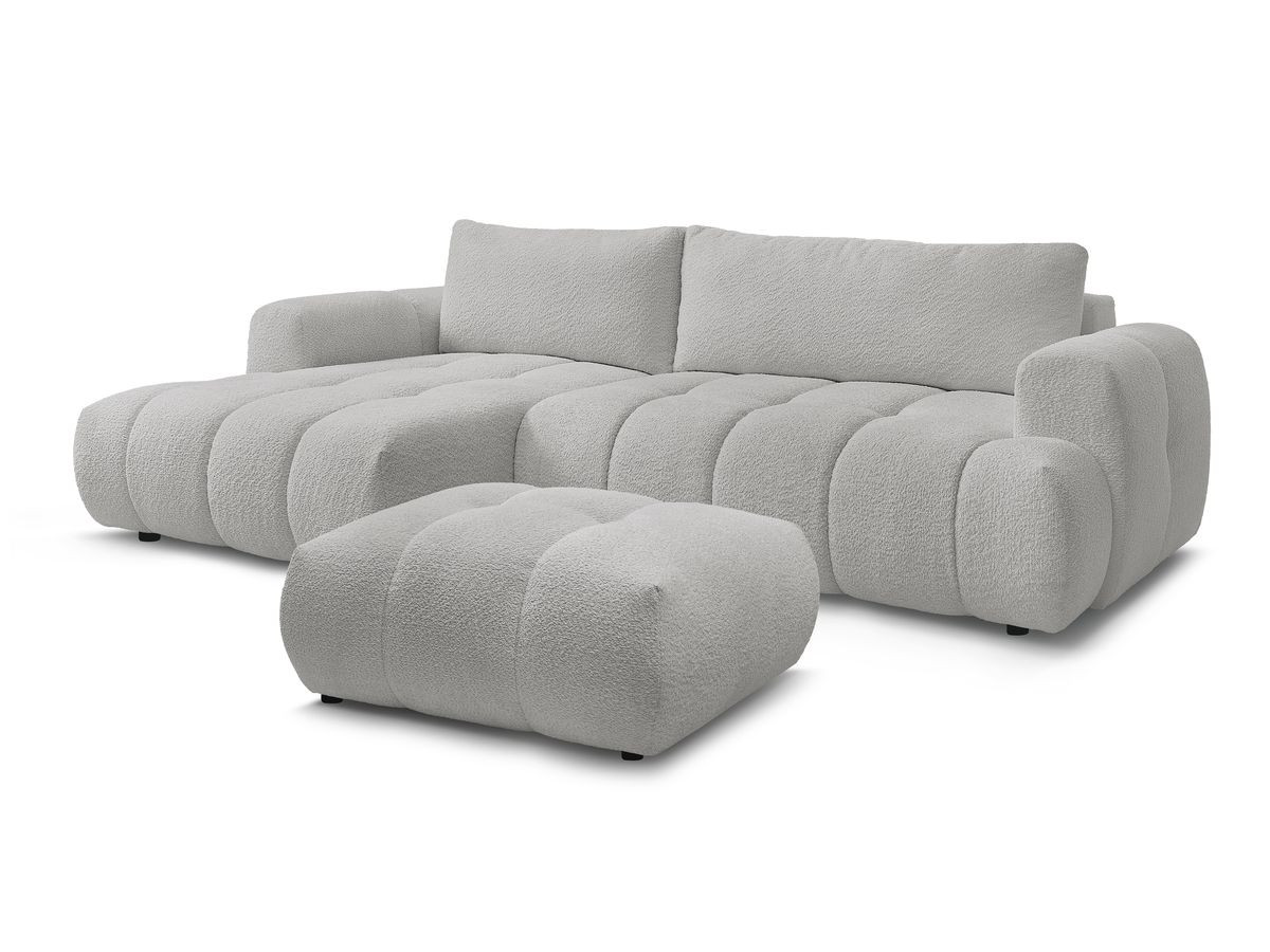 Bobochic Fuji Ecksofa mit Schlaffunktion und Bettkasten und Pouf 292 × 160 cm Bouclé-Stoff Hellgrau Ecke links