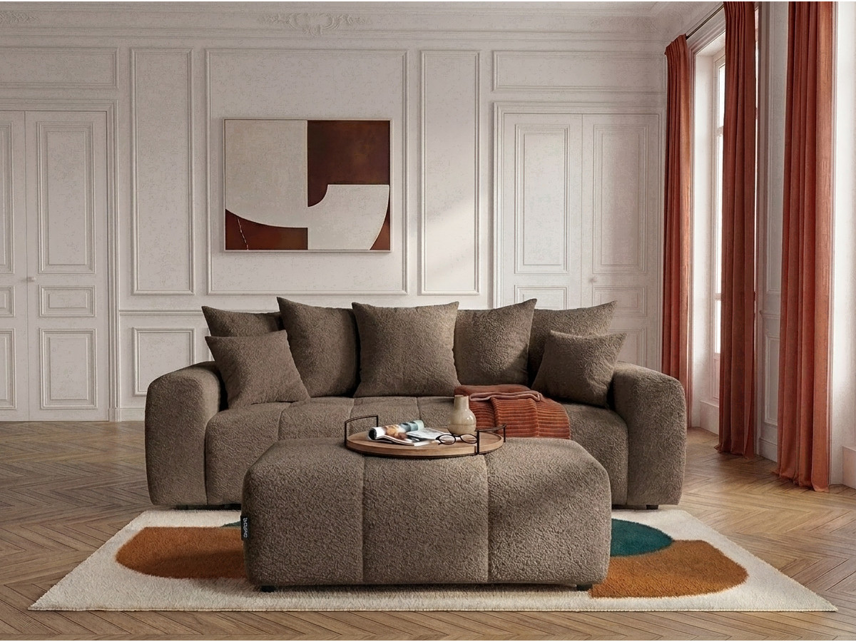 Bobochic Roxelane Schlafsofa 3-Sitzer mit Bettkasten und Pouf Bouclé-Stoff Braun