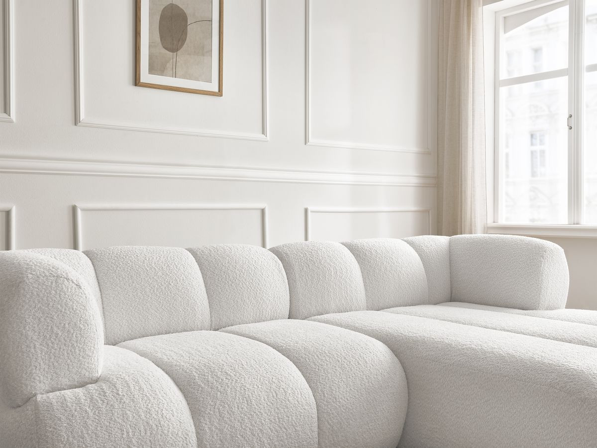 Bobochic Pamira Ecksofa mit Pouf Bouclé-Stoff Weiß Ecke rechts