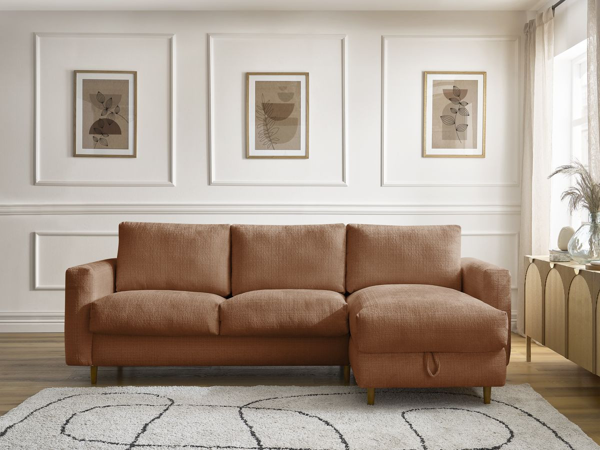Bobochic Cocoone Ecksofa mit Schlaffunktion und Bettkasten Strukturstoff Orange, Liegefläche 140 × 200 cm