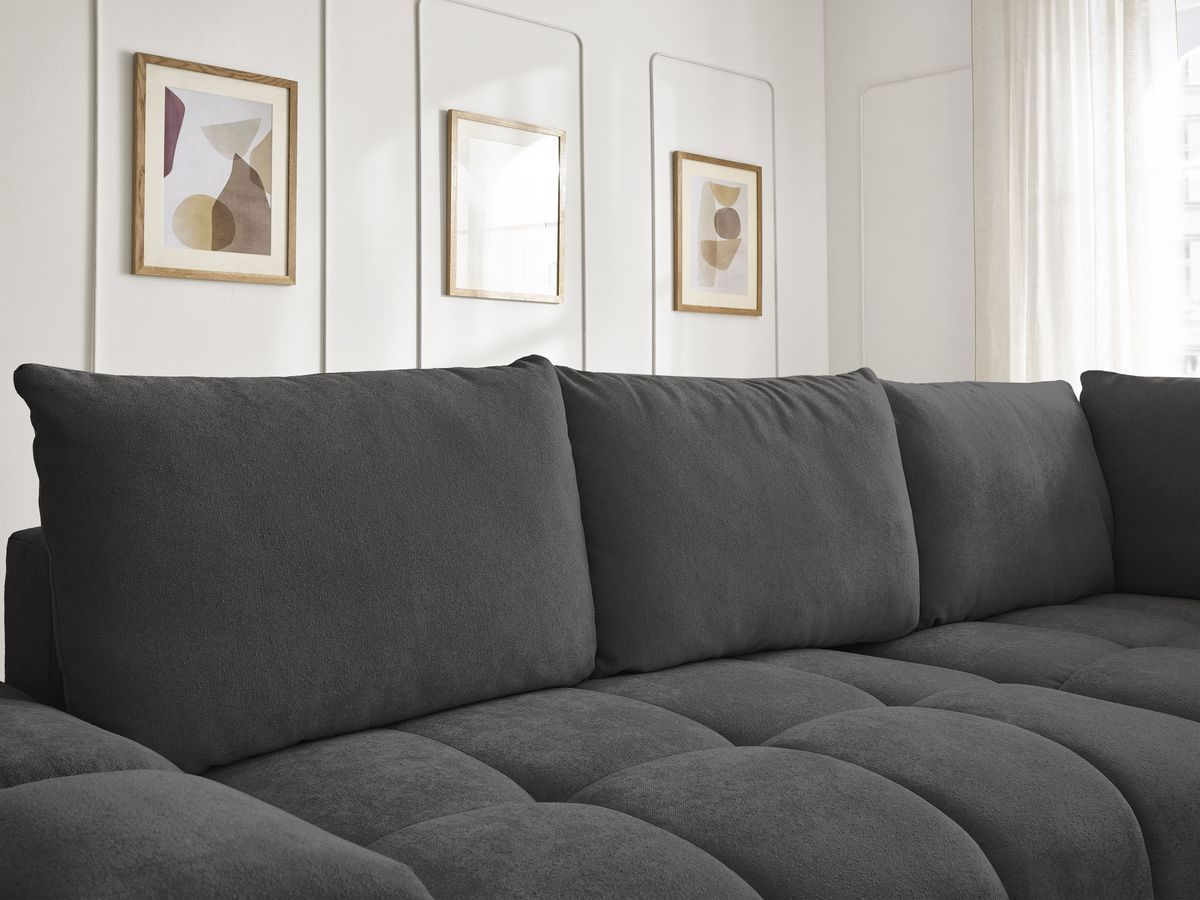 Bobochic Everest Ecksofa mit Schlaffunktion und Bettkasten 320 × 212 cm, 5 Kissen Strukturstoff Schwarz Ecke rechts