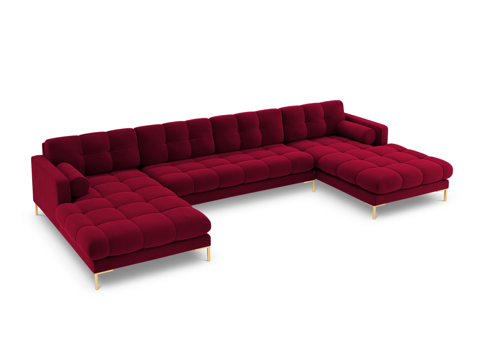Cosmopolitan Design Panoramasofa Bali 7-Sitzer 383 cm Samt Bluvel Rot Beine Gold