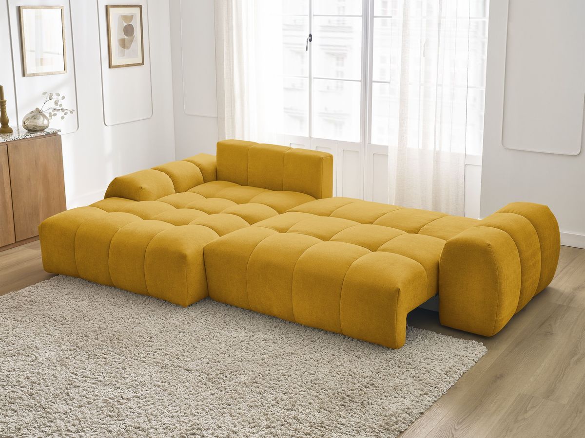 Bobochic Everest Ecksofa mit Schlaffunktion und Bettkasten 318 × 180 cm, 3 Kissen Strukturstoff Gelb Ecke links