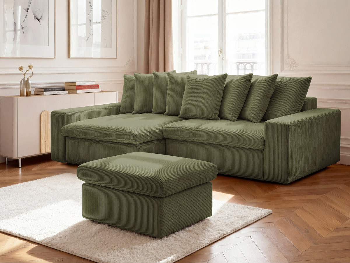 Bobochic Enore Ecksofa mit Pouf Cordsamt Hellgrün Ecke links