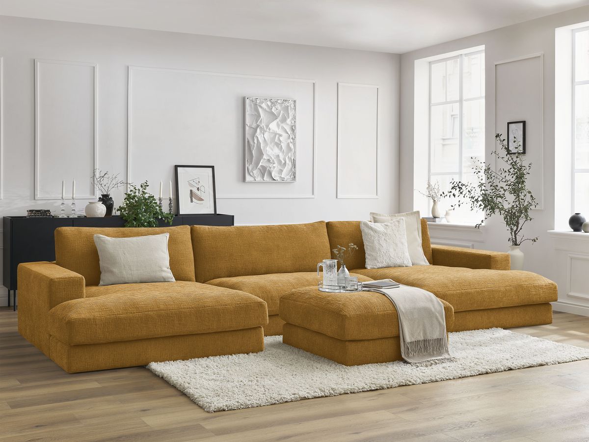 Bobochic Leonard Wohnlandschaft mit Pouf 404 × 159 cm Strukturstoff Gelb