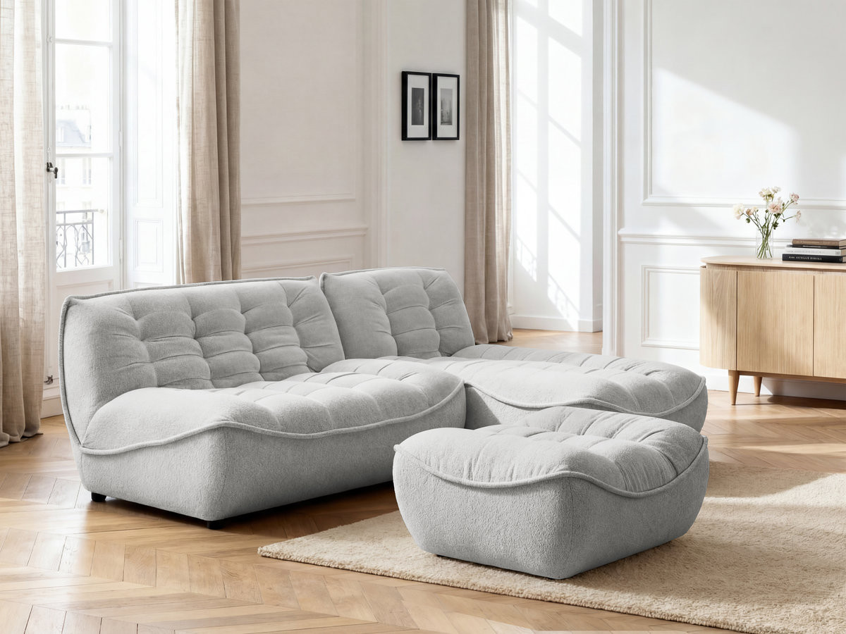 Bobochic Serena Ecksofa mit Pouf Melange-Stoff Hellgrau