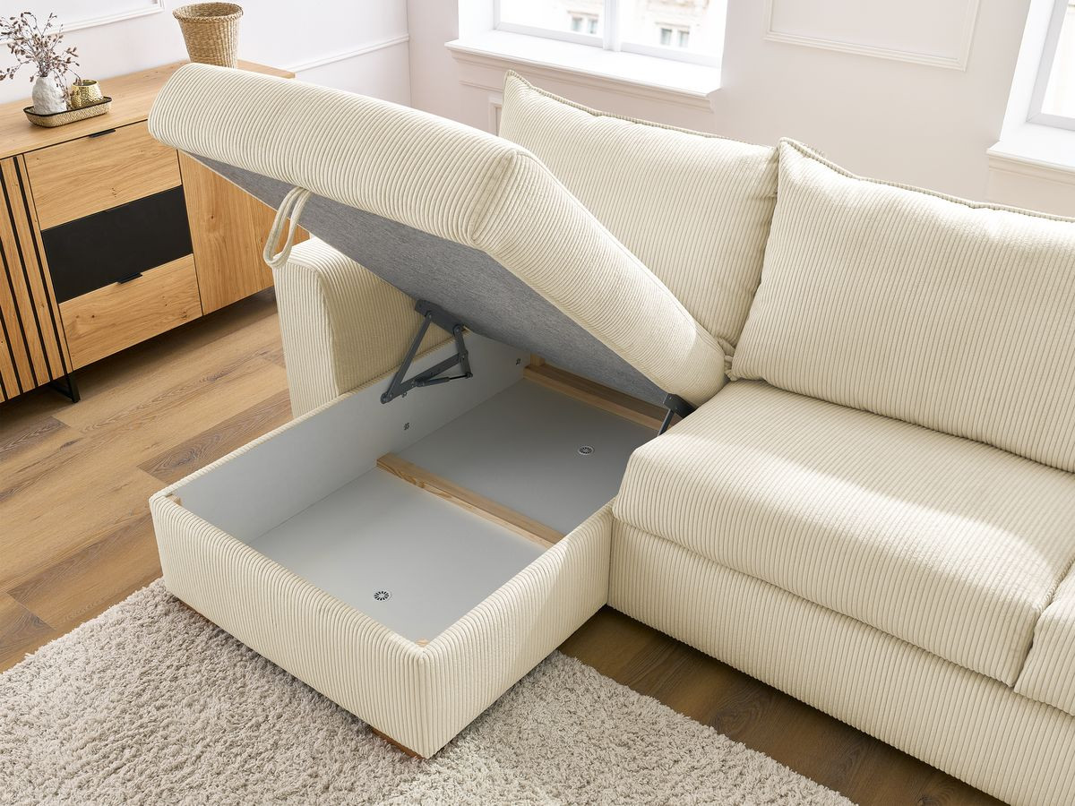 Bobochic Augustin Ecksofa mit Schlaffunktion und Bettkasten Cordsamt Beige, Liegefläche 160 × 200 cm