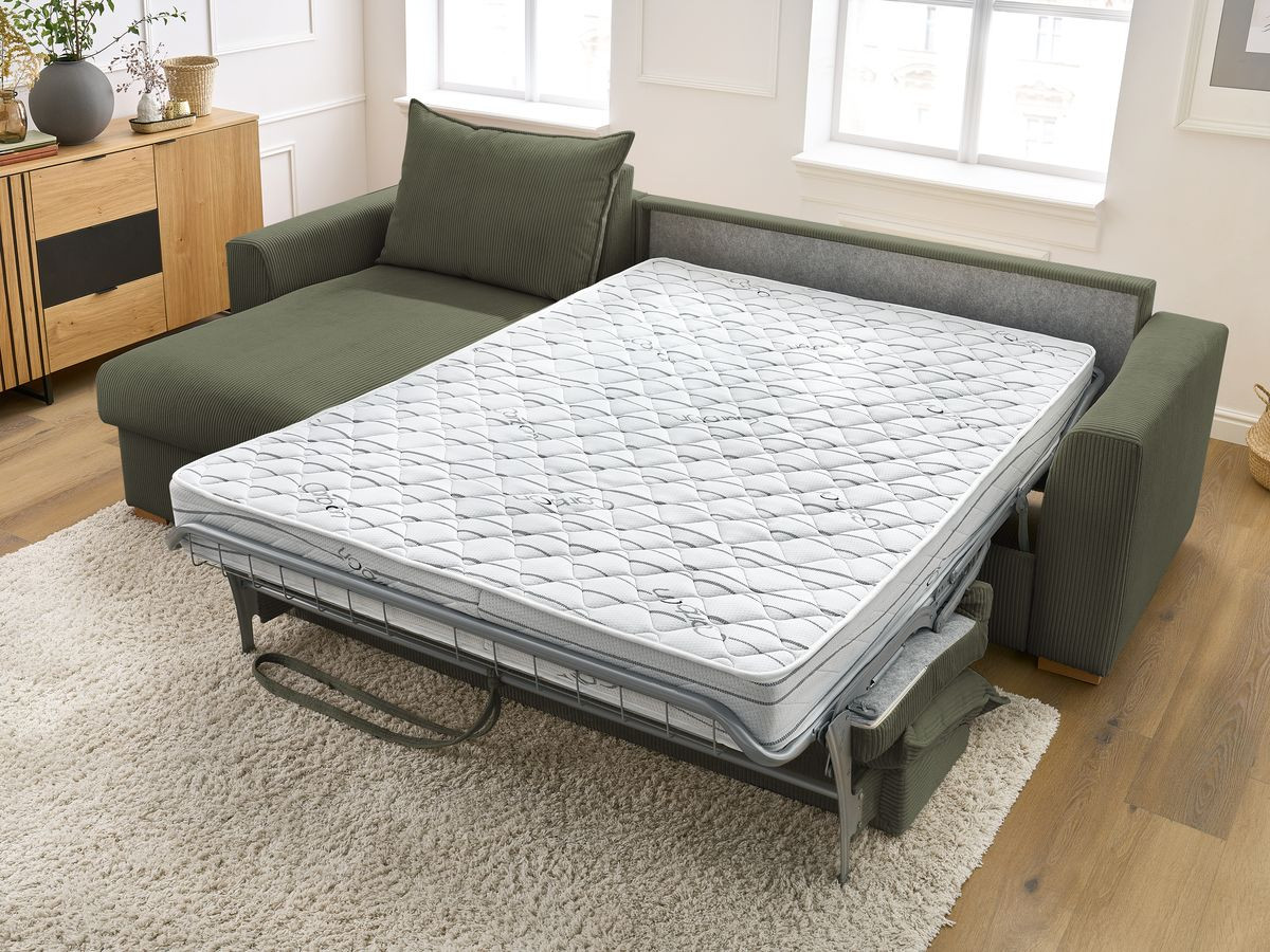 Bobochic Augustin Ecksofa mit Schlaffunktion und Bettkasten Cordsamt Hellgrün, Liegefläche 160 × 200 cm