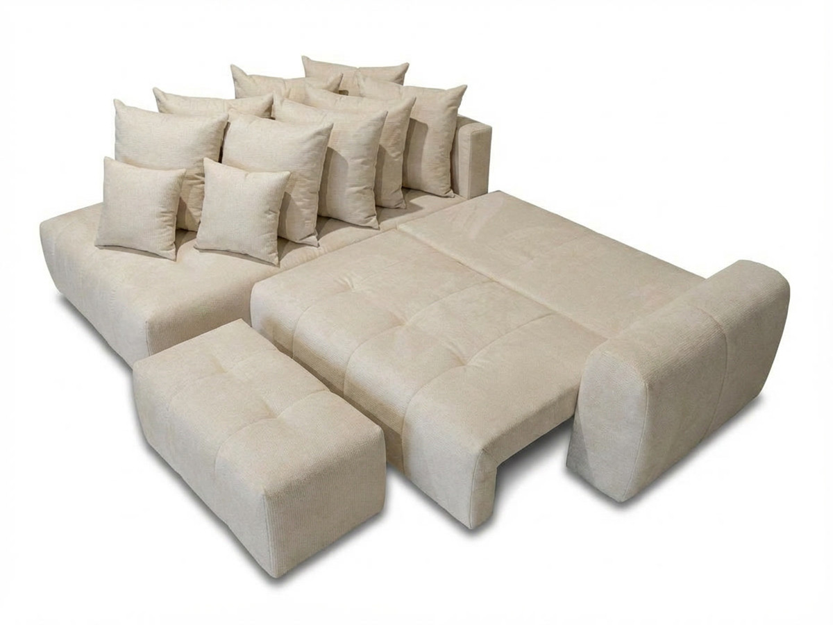 Bobochic Roxelane Ecksofa mit Schlaffunktion und Bettkasten und Pouf Melange-Stoff Beige Ecke links