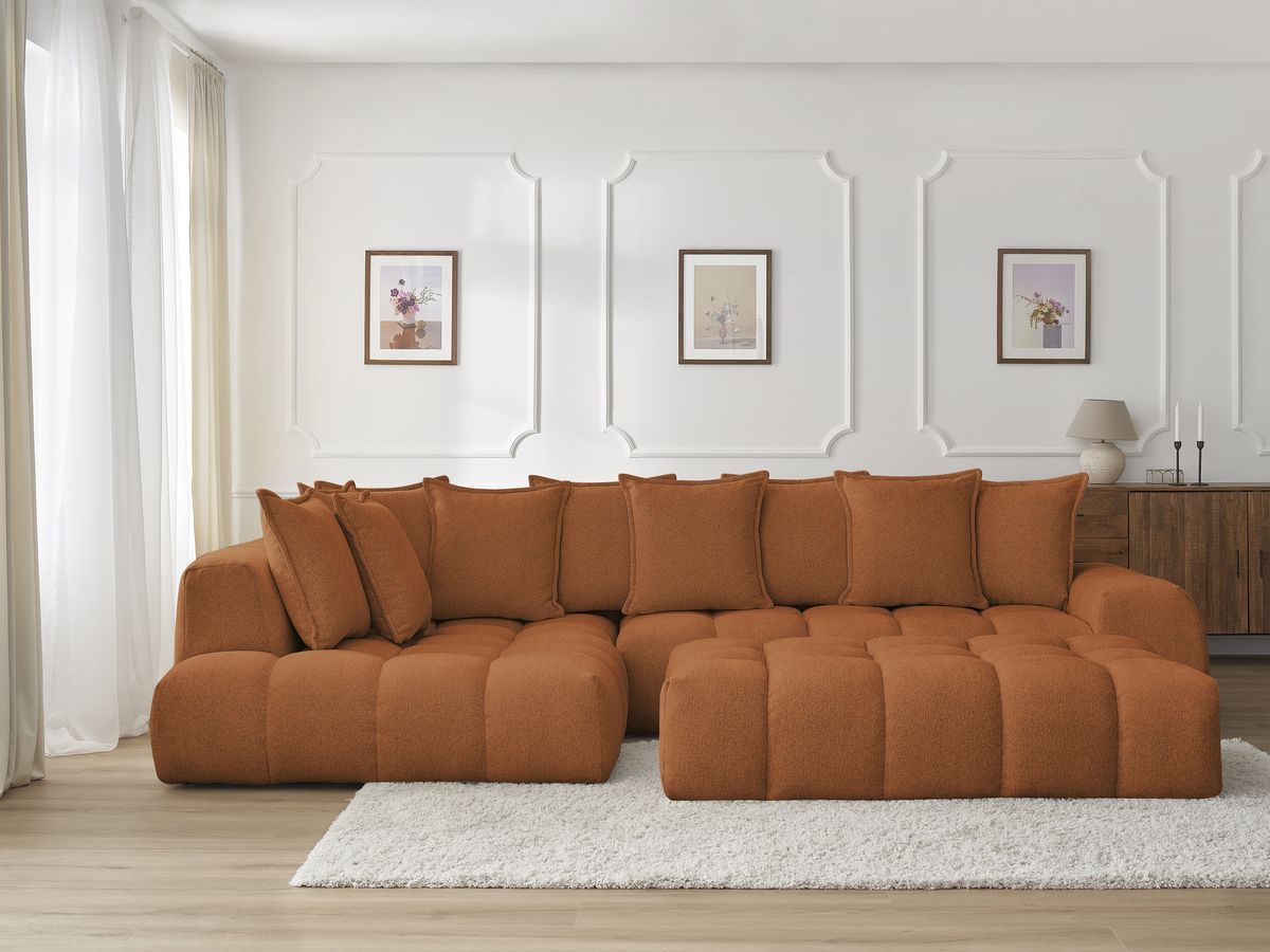 Bobochic Everest Ecksofa mit Schlaffunktion und Pouf, 10 Kissen Melange-Stoff Orange Ecke links