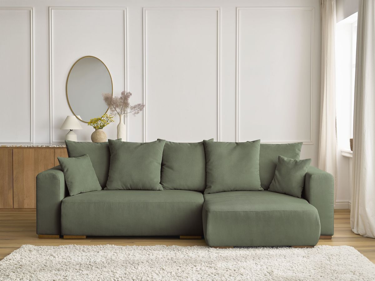 Bobochic Sidonie Ecksofa mit Schlaffunktion und Bettkasten Cordsamt Grün