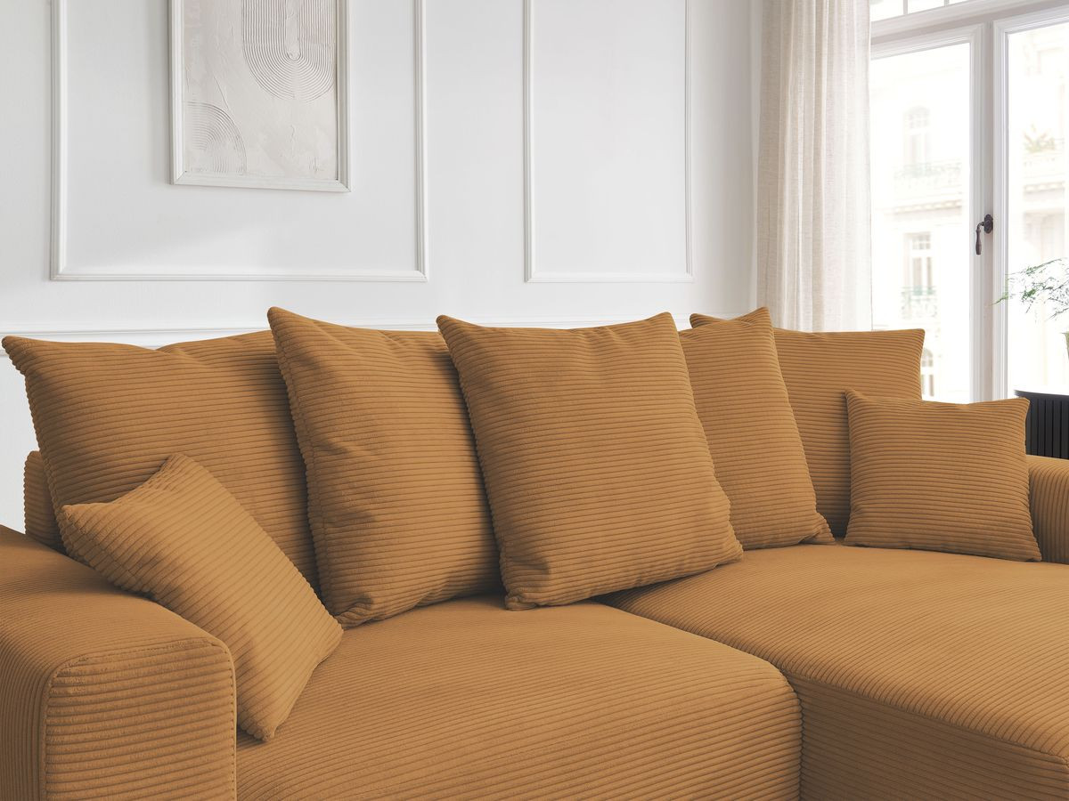 Bobochic Atilla Ecksofa mit Schlaffunktion und Bettkasten Cordsamt Gelb Ecke rechts
