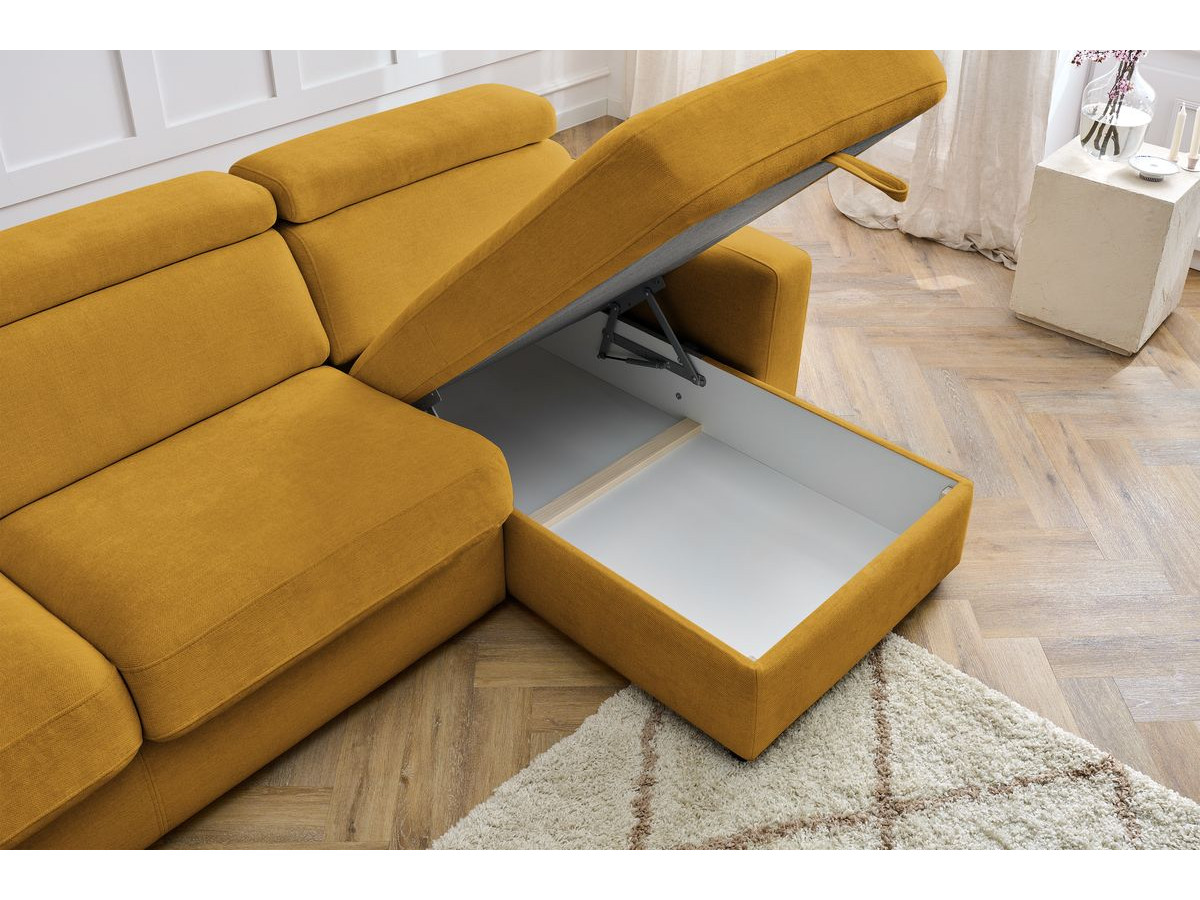Bobochic Monaco Ecksofa mit Schlaffunktion und Bettkasten Stoff Gelb, Liegefläche 140 × 190 cm