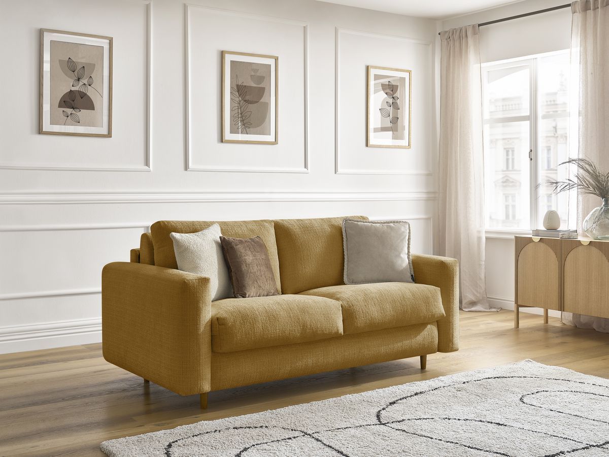 Bobochic Cocoone Schlafsofa 3-Sitzer Strukturstoff Gelb, Liegefläche 160 × 200 cm