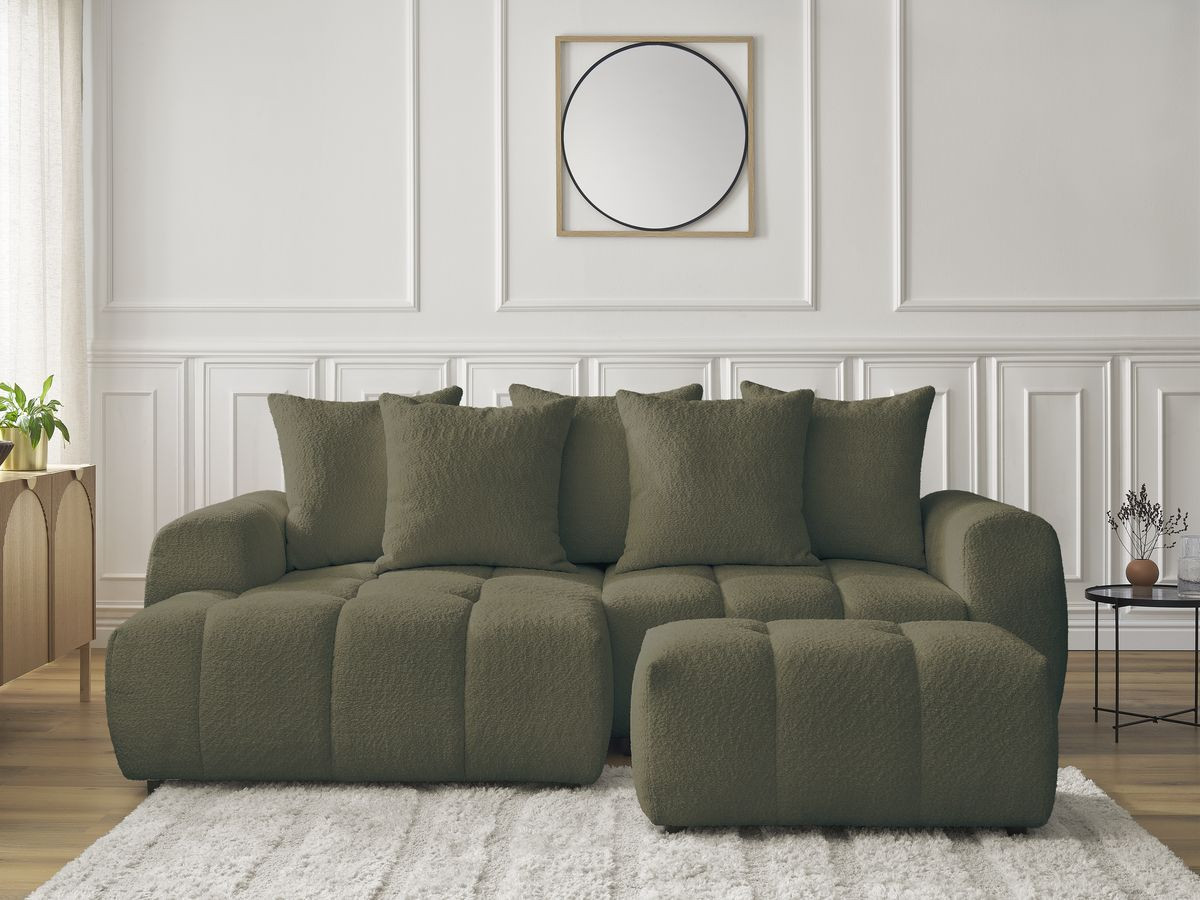 Bobochic Roxelane Ecksofa mit Schlaffunktion und Bettkasten und Pouf 258 × 150 cm Bouclé-Stoff Grün Ecke links