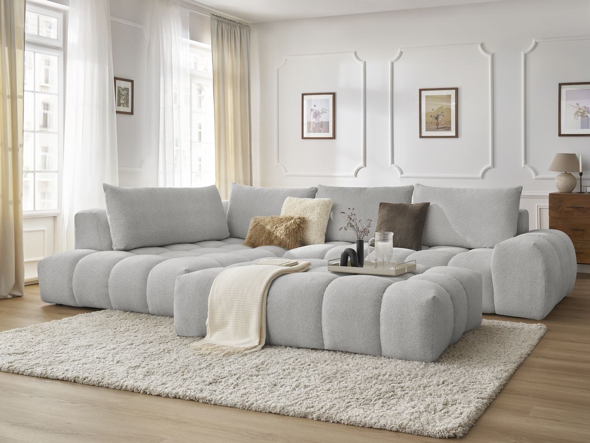 Bobochic Everest Ecksofa mit Schlaffunktion und Pouf, 4 Kissen Melange-Stoff Hellgrau Ecke links