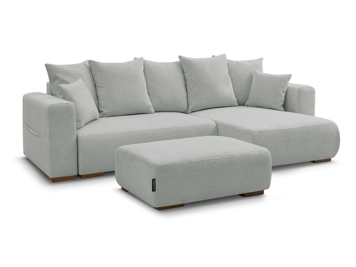 Bobochic Sidonie Ecksofa mit Schlaffunktion und Bettkasten und Pouf Melange-Stoff Hellgrau