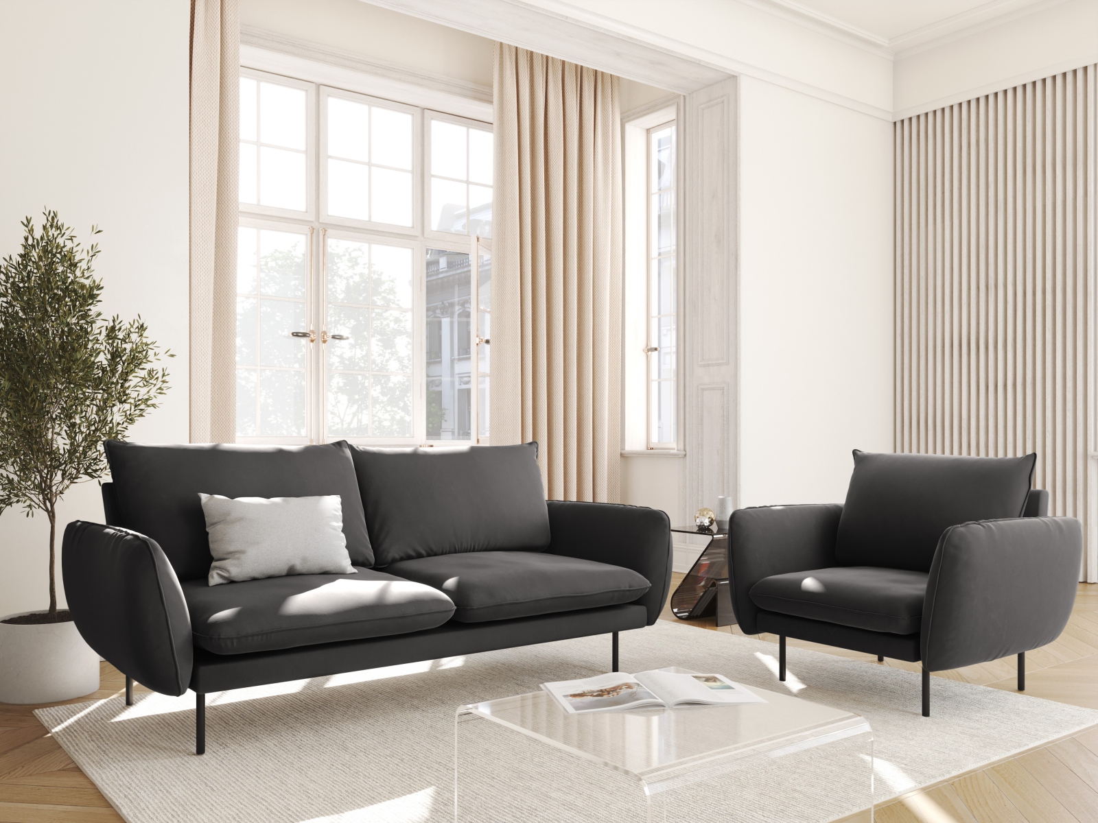 Cosmopolitan Design Sofa Vienna 2-Sitzer Samt Bluvel Dunkelgrau Melange Beine Schwarzes Metall