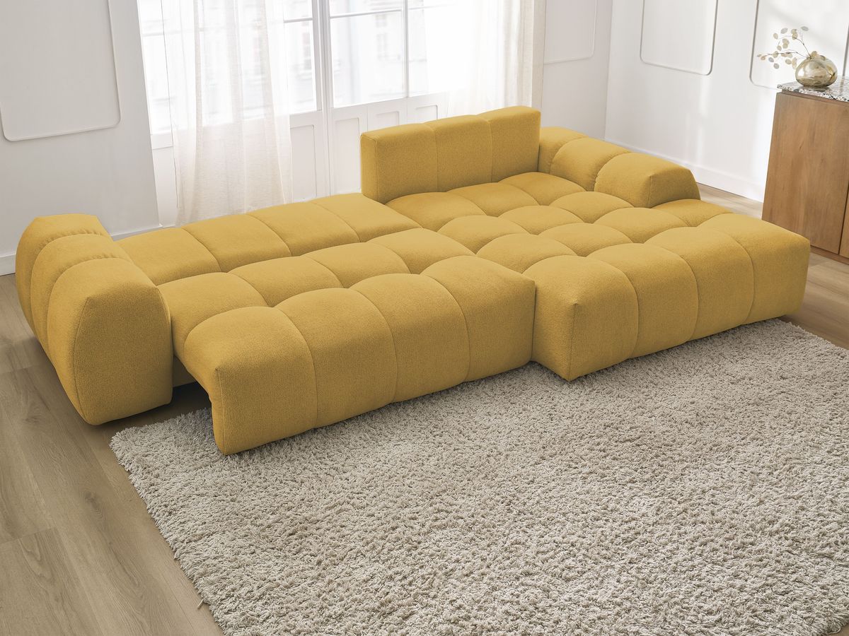 Bobochic Everest Ecksofa mit Schlaffunktion und Bettkasten 318 × 180 cm, 7 Kissen Melange-Stoff Gelb Ecke rechts