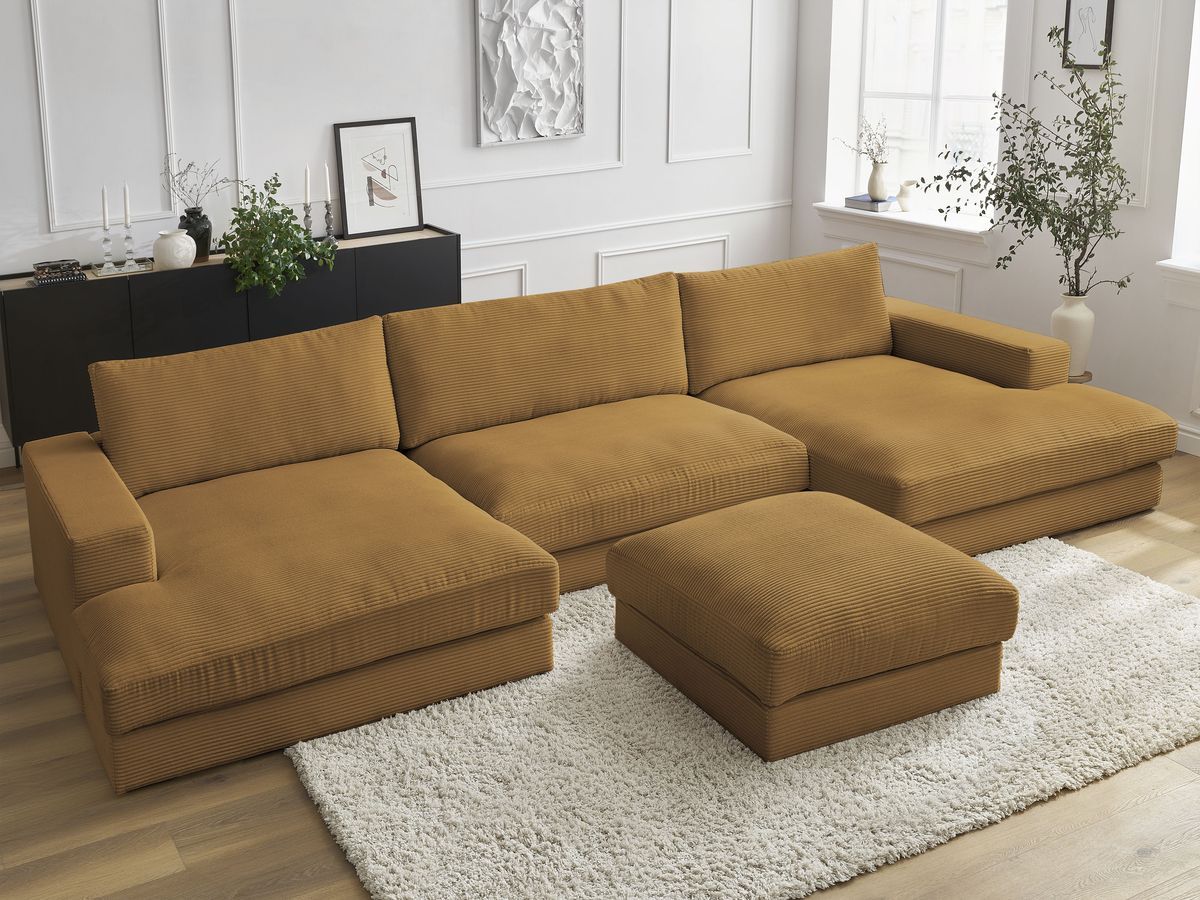 Bobochic Leonard Wohnlandschaft mit Pouf 404 × 159 cm Cordsamt Gelb
