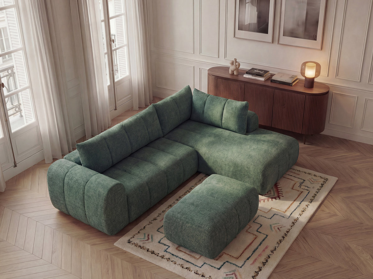 Bobochic Nesty Ecksofa in L-Form, 256 cm, mit Pouf Melange-Stoff Dunkelgrün Ecke rechts