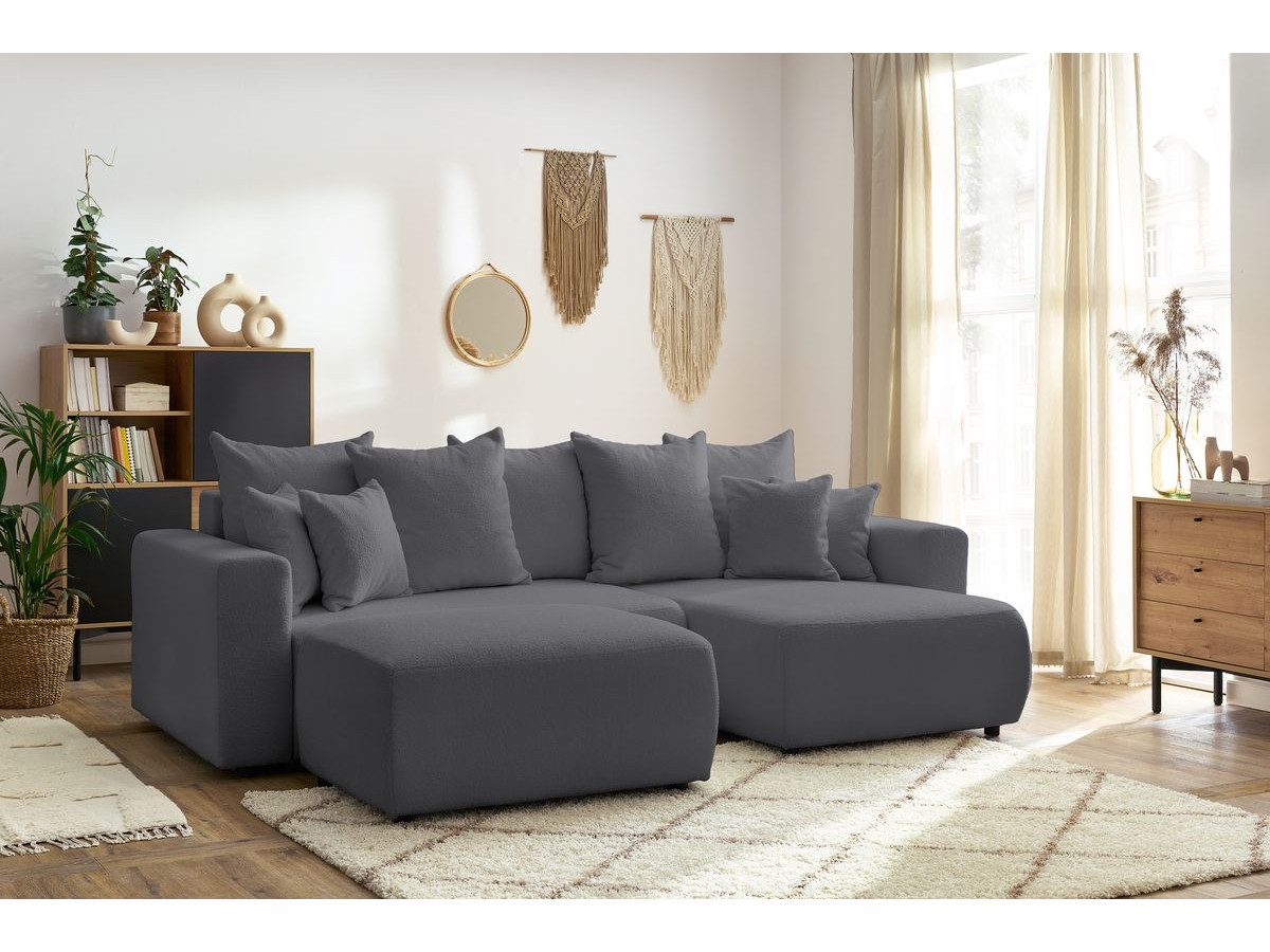 Bobochic Envy Ecksofa mit Schlaffunktion und Bettkasten und rechteckigem Pouf Bouclé-Stoff Dunkelgrau