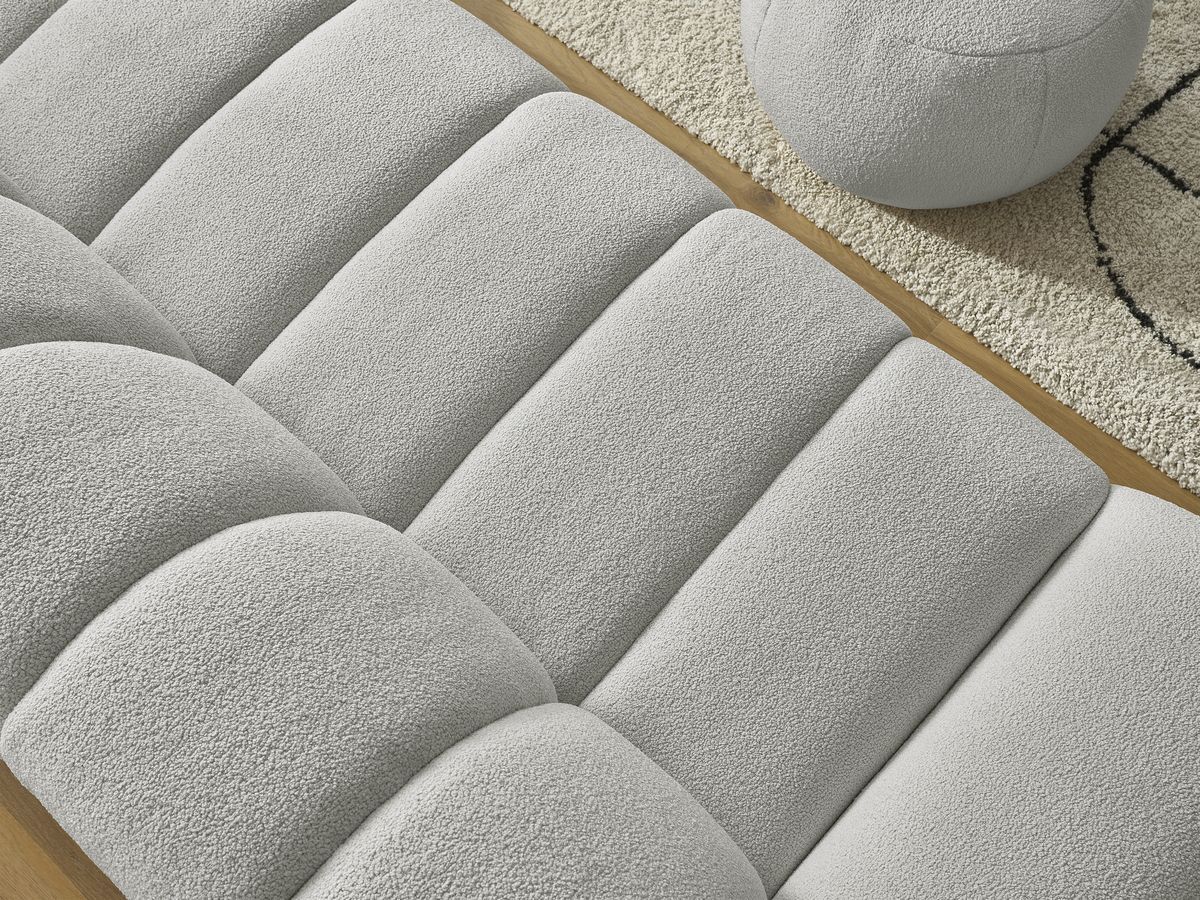 Bobochic Hayden Sofa 3-Sitzer mit Pouf 226 × 107 cm Bouclé-Stoff Hellgrau