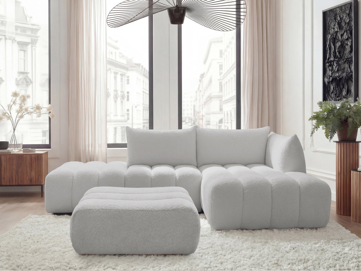 Bobochic Azra Ecksofa mit Pouf 319 × 178 cm Bouclé-Stoff Hellgrau Ecke rechts