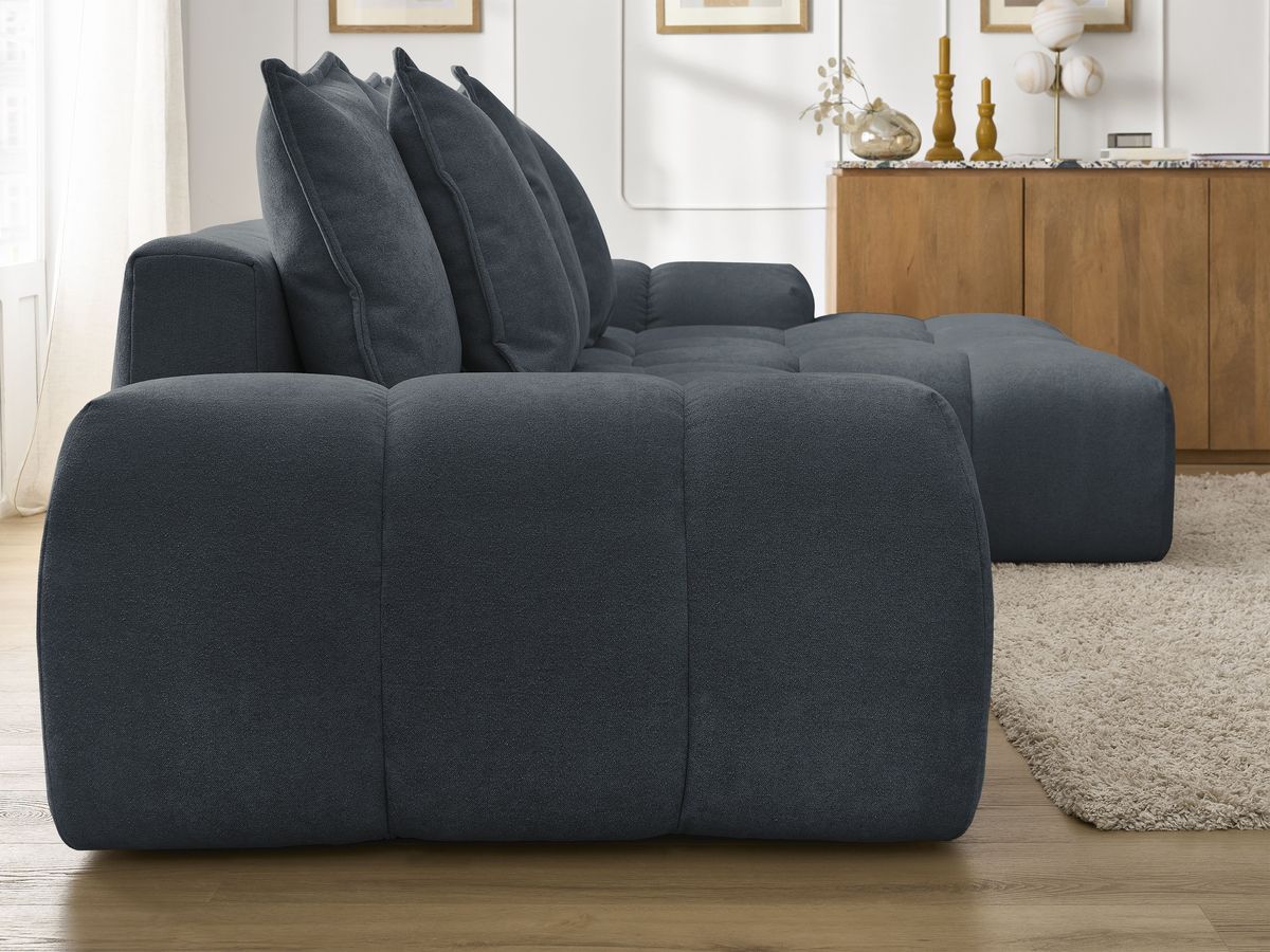 Bobochic Everest Ecksofa mit Schlaffunktion und Bettkasten 318 × 180 cm, 7 Kissen Strukturstoff Dunkelblau Ecke rechts