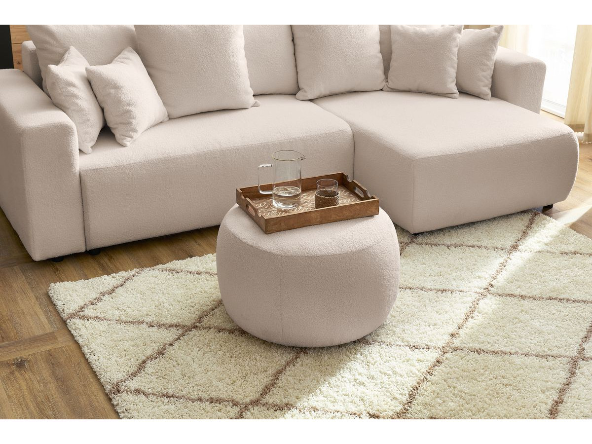 Bobochic Envy Ecksofa mit Schlaffunktion und Bettkasten und rundem Pouf Bouclé-Stoff Beige