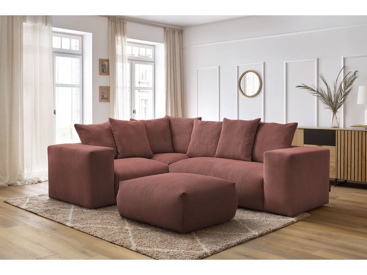 Bobochic Voltaire Ecksofa mit Pouf 268 × 214 cm Cordsamt Rosa Ecke links