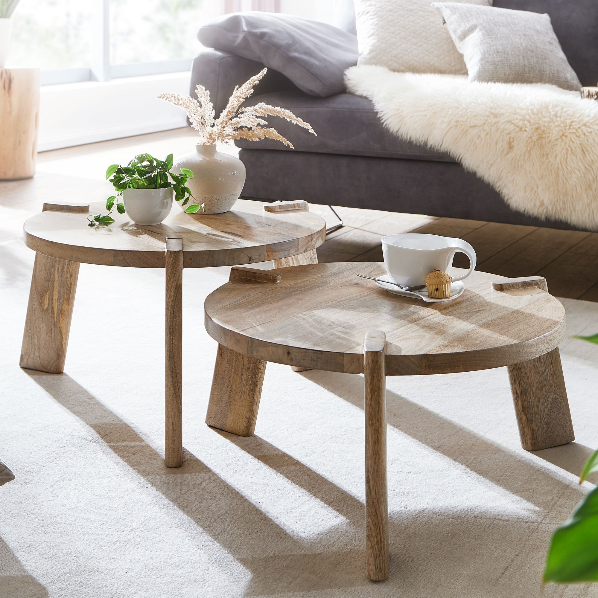 Satztisch 2er-Set Svinoy Mango Massivholz Ø 53 cm