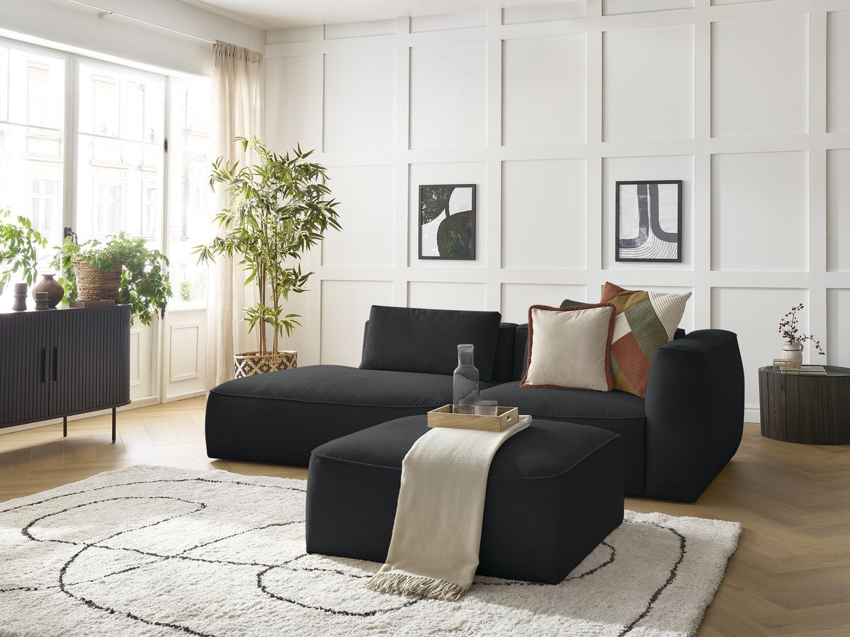 Bobochic Leopold Sofa 4-Sitzer mit Pouf Melange-Stoff Schwarz Armlehne rechts