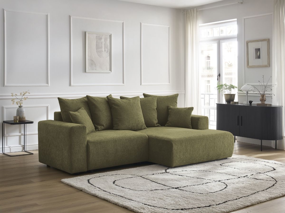 Bobochic Atilla Ecksofa mit Schlaffunktion und Bettkasten Strukturstoff Grün Ecke rechts